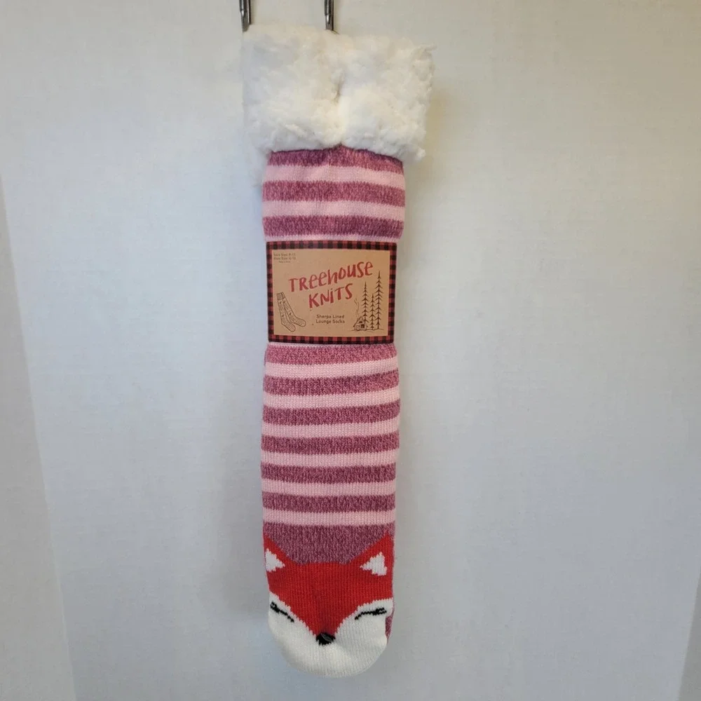 Treehouse Knits Women's Sherpa Lined Lounge Socks Pink Stripe Fox Size 9-11
